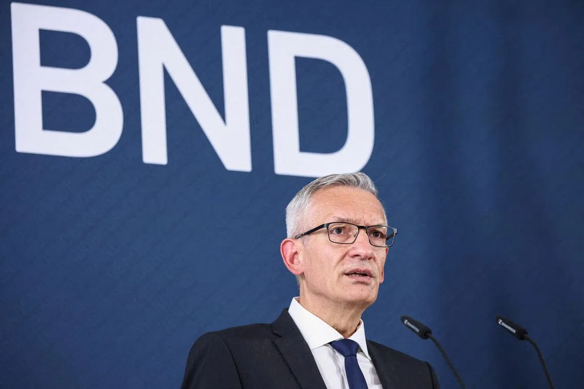 FILE PHOTO: Incoming president of BND Martin Jaeger speaks, on the day of the handover of the office, in Berlin, Germany, September 11, 2025. REUTERS/Liesa Johannssen/Pool/File Photo