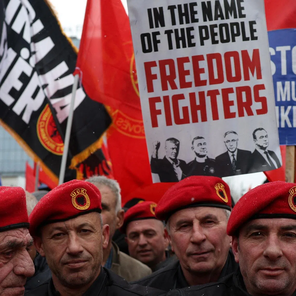 Demonstrators attend a protest in support of former Kosovo President Hashim Thaci and other former Kosovo Liberation Army (KLA) members, who are on trial for war crimes at a court in the Netherlands as Kosovars celebrate the 18th anniversary of independence, in Pristina, Kosovo, February 17, 2026. REUTERS/Florion Goga
