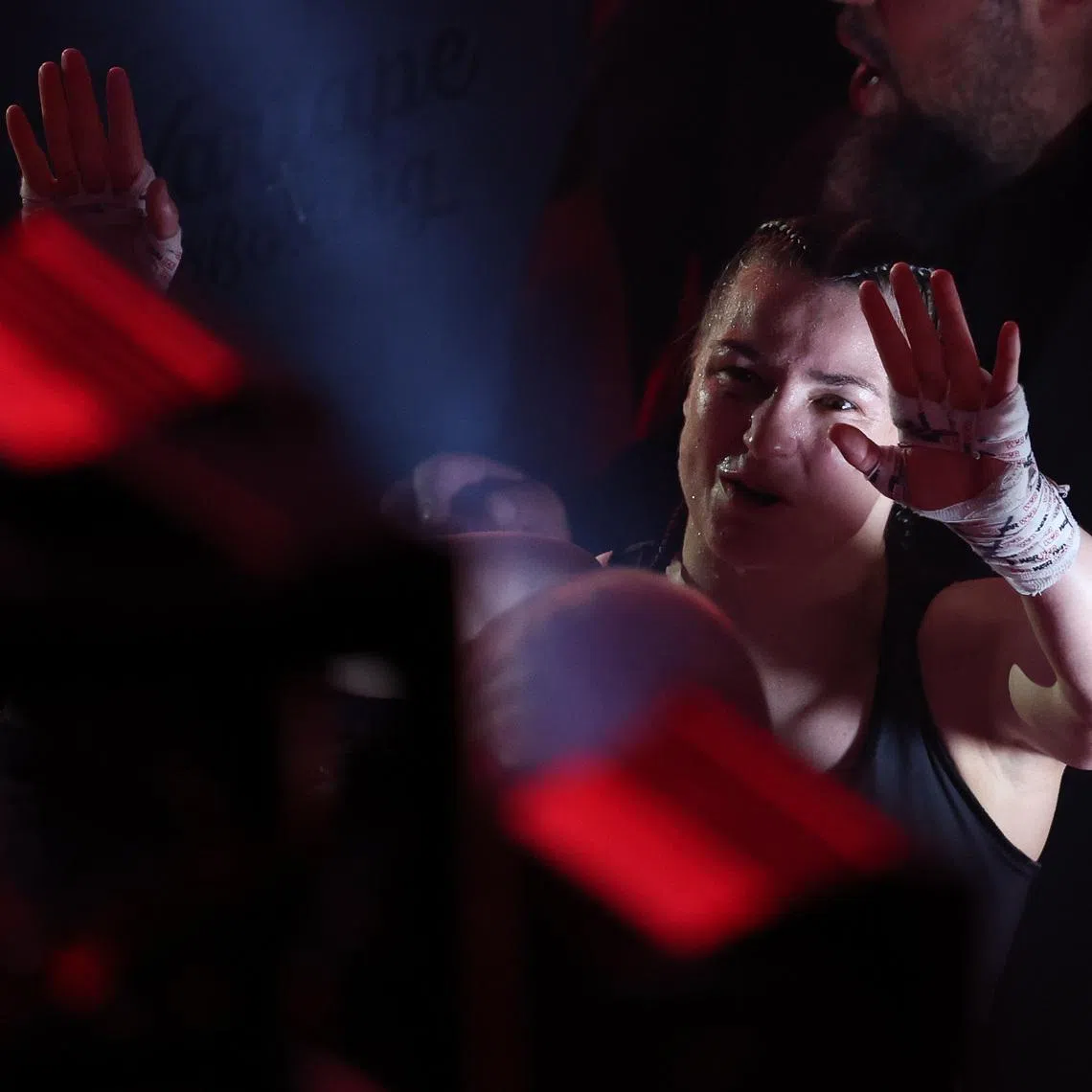 Katie Taylor gestures to fans after defeating Amanda Serrano in the undisputed super lightweight championship boxing bout at Madison Square Garden, New York, New York, UNITED STATES, Jul 11, 2025. Mandatory Credit: Vincent Carchietta-Imagn Images