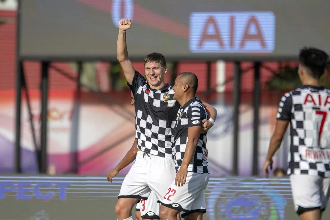 Brunei DPMM's Ukrainian striker Andrei Varankou celebrates scoring in his team's 7-1 win over Balestier Khalsa, in their Singapore Premier League (SPL) match.