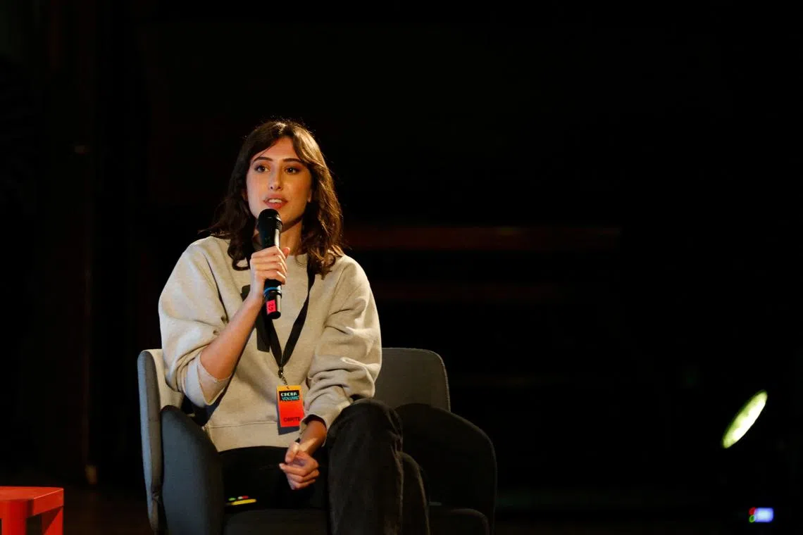 FILE PHOTO: Italian journalist Cecilia Sala, who was arrested by police in Tehran, Iran on December 19, 2024, according to Italy's foreign ministry, speaks at the event called \"Chora Volume 1\" in Milan, Italy February 16, 2024 in this picture released by Chora Media/via REUTERS/File Photo