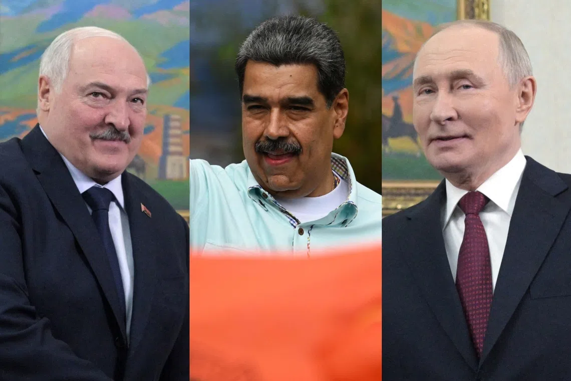 Venezuela's Mr Maduro (centre) spoke with Russia's Mr Putin (right) on Dec 11, while Belarus' Mr Lukashenko (left) met with Venezuela's ambassador, raising the possibility that Mr Maduro could seek refuge abroad.