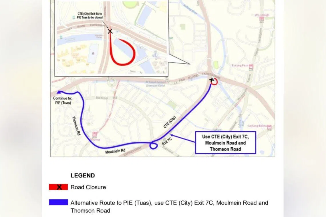 The city-bound CTE Exit 8A towards PIE in the direction of Tuas will be closed during early hours from July 28 to 31.