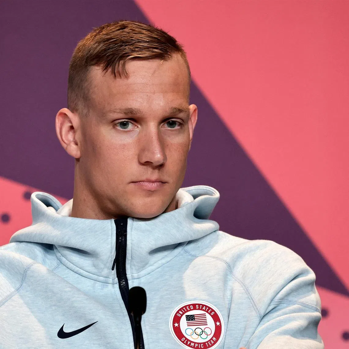 US swimmer Caeleb Dressel attends the World Aquatics Olympic press conference ahead of the Paris 2024 Olympic Games.