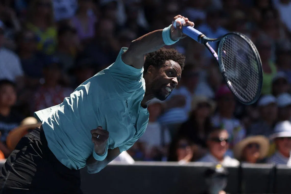 Gael Monfils of France serving to Zizou Berges of Belgium during his 6-3, 6-4 Auckland Classic final win on Jan 11, which made the 38-year-old the oldest player to win an ATP final since the Tour launched in 1990.