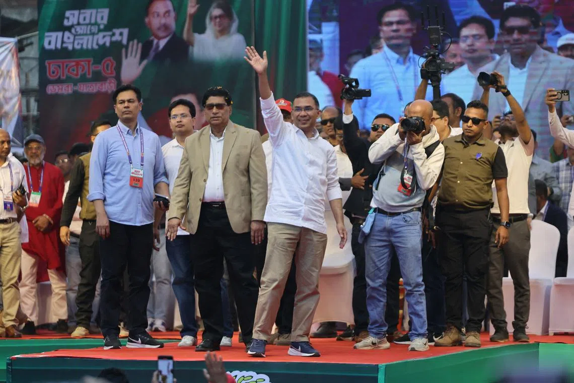 Bangladesh Nationalist Party (BNP) chairman Tarique Rahman waves to supporters during the final day of  election campaign rally, ahead of the national election, in Jatrabari, Dhaka, Bangladesh, February 9, 2026. REUTERS/Mohammad Ponir Hossain