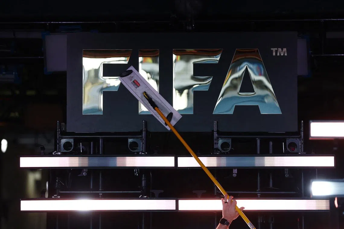 FILE PHOTO: Soccer Football - FIFA Club World Cup - Group D - Esperance de Tunis v Chelsea - Lincoln Financial Field, Philadelphia, Pennsylvania, U.S. - June 24, 2025 General view of the FIFA logo before the match REUTERS/Lee Smith/File Photo