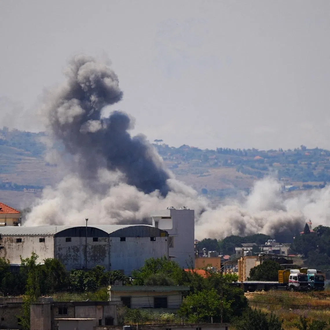 Smoke billows from southern Lebanon following Israeli strikes, as seen from Nabatieh, Lebanon May 28, 2026. REUTERS/Stringer