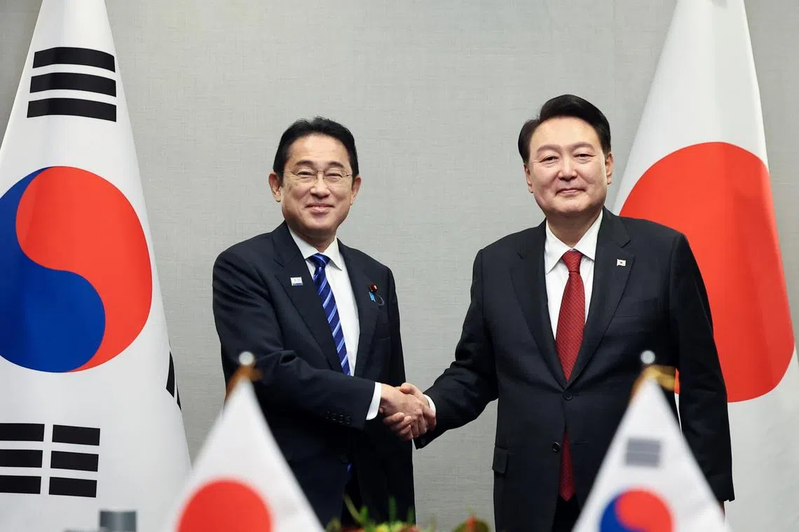 Mr Fumio Kishida (left) and Mr Yoon Suk-yeol are expected to announce a joint supply network for carbon-neutral fuels such as hydrogen and ammonia.