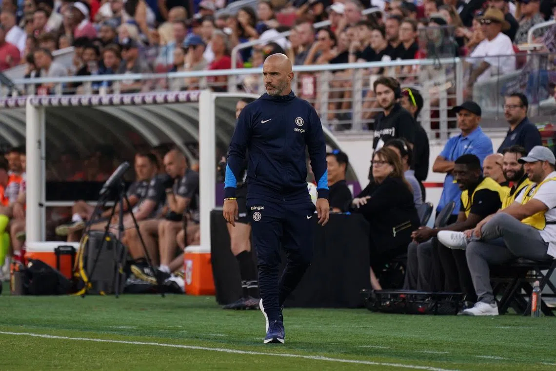 FILE PHOTO: Jul 24, 2024; Santa Clara, CA, USA;  Chelsea head coach Enzo Maresca watches the action during a match against Wrexham at Levi's Stadium. Mandatory Credit: David Gonzales-USA TODAY Sports/File photo