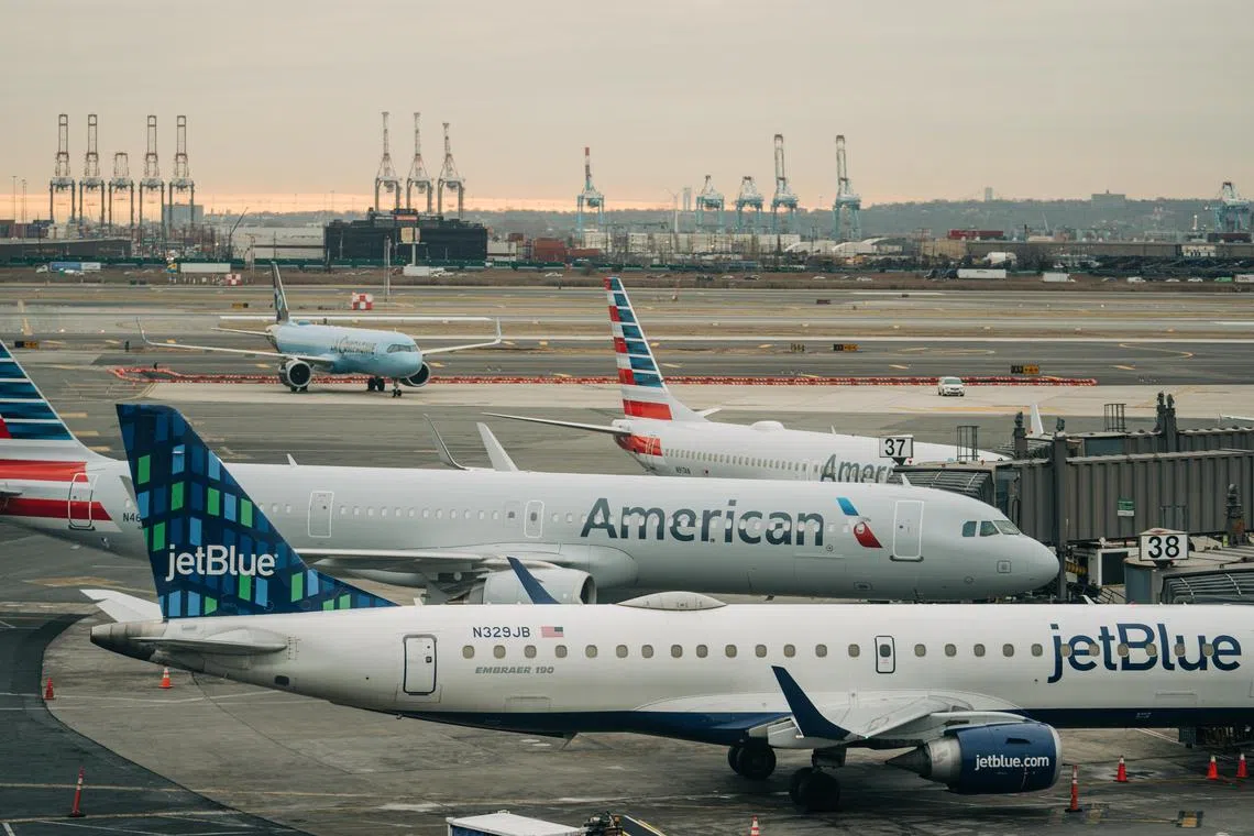 Planes in Newark Liberty International Airport in New Jersey, Jan 11, 2023.