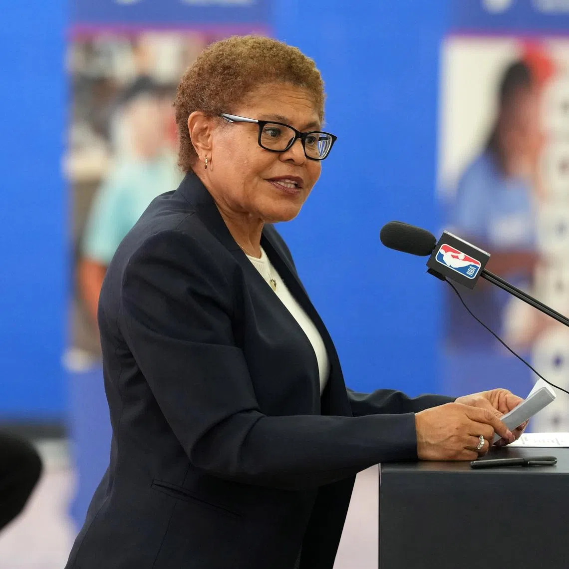 Feb 12, 2026; Los Angeles, California, USA; Los Angeles mayor Karen Bass speaks at NBA Cares Legacy Project Dedication at the Weingart YMCA. Mandatory Credit: Kirby Lee-Imagn Images