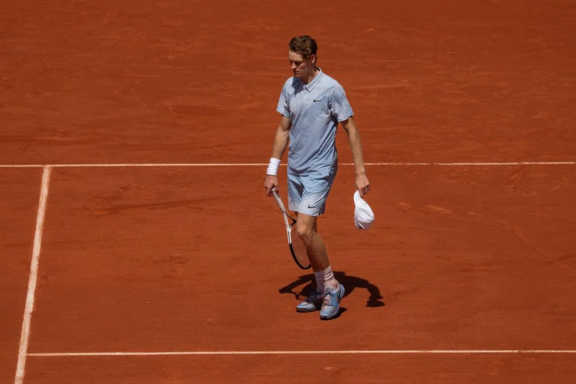 May 28, 2026; Paris, France; Jannik Sinner of Italy reacts during his match against Juan Manuel Cerundolo of Argentina on day five at Stade Roland Garros. Mandatory Credit: Susan Mullane-Imagn Images