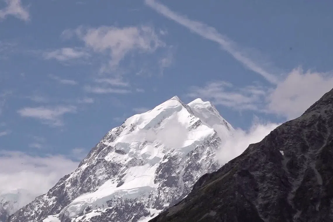 Mount Cook, or Aoraki, where two climbers died in Aoraki/Mount Cook National Park, Canterbury Region, New Zealand, November 25, 2025, in this still image taken from a video. TVNZ/via REUTERS