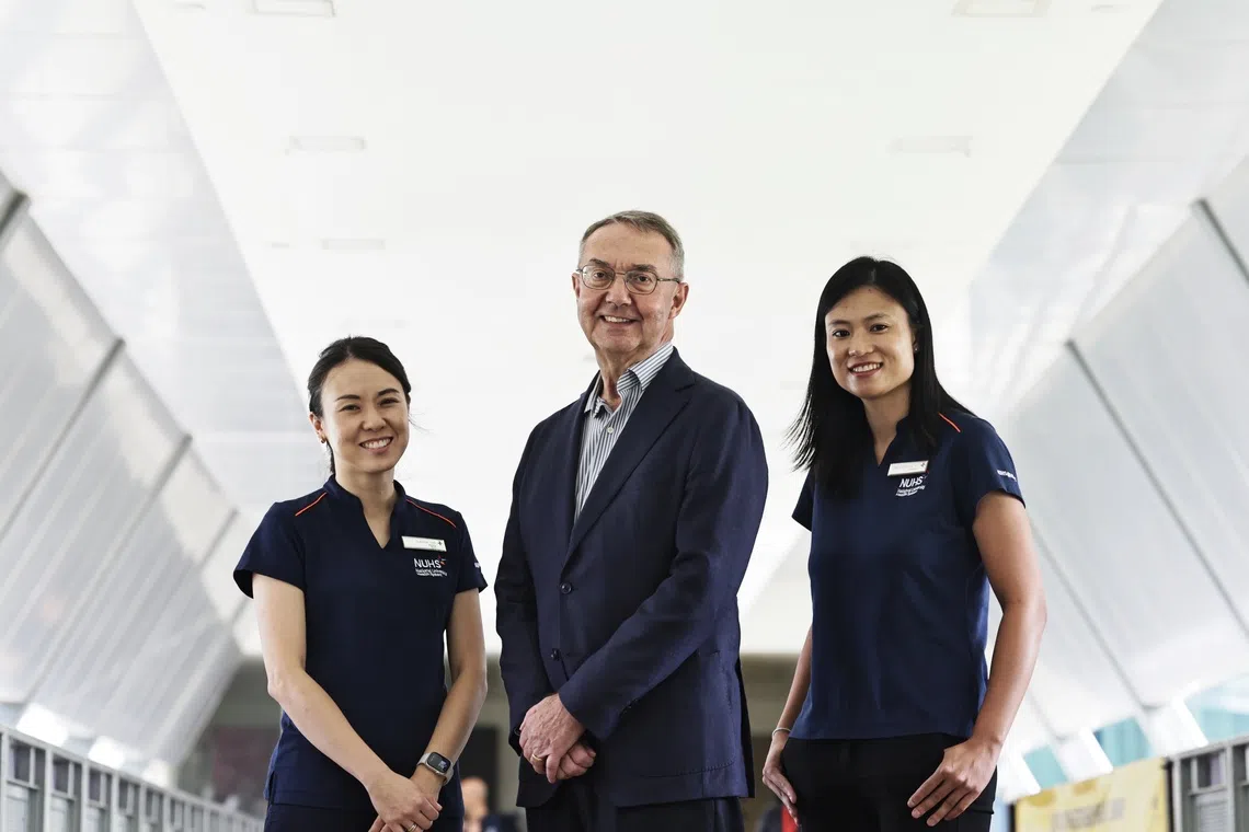 (From left) NUHS@Home nurse clinician Claudia Tan, Mr Paul Faulkner and Dr Stephanie Ko, lead for NUHS@Home.