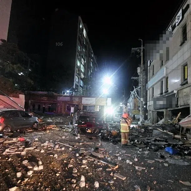 Scene of an explosion believed to have been caused by a gas leak at a three-story commercial building in Cheongju, South Korea, on April 13.