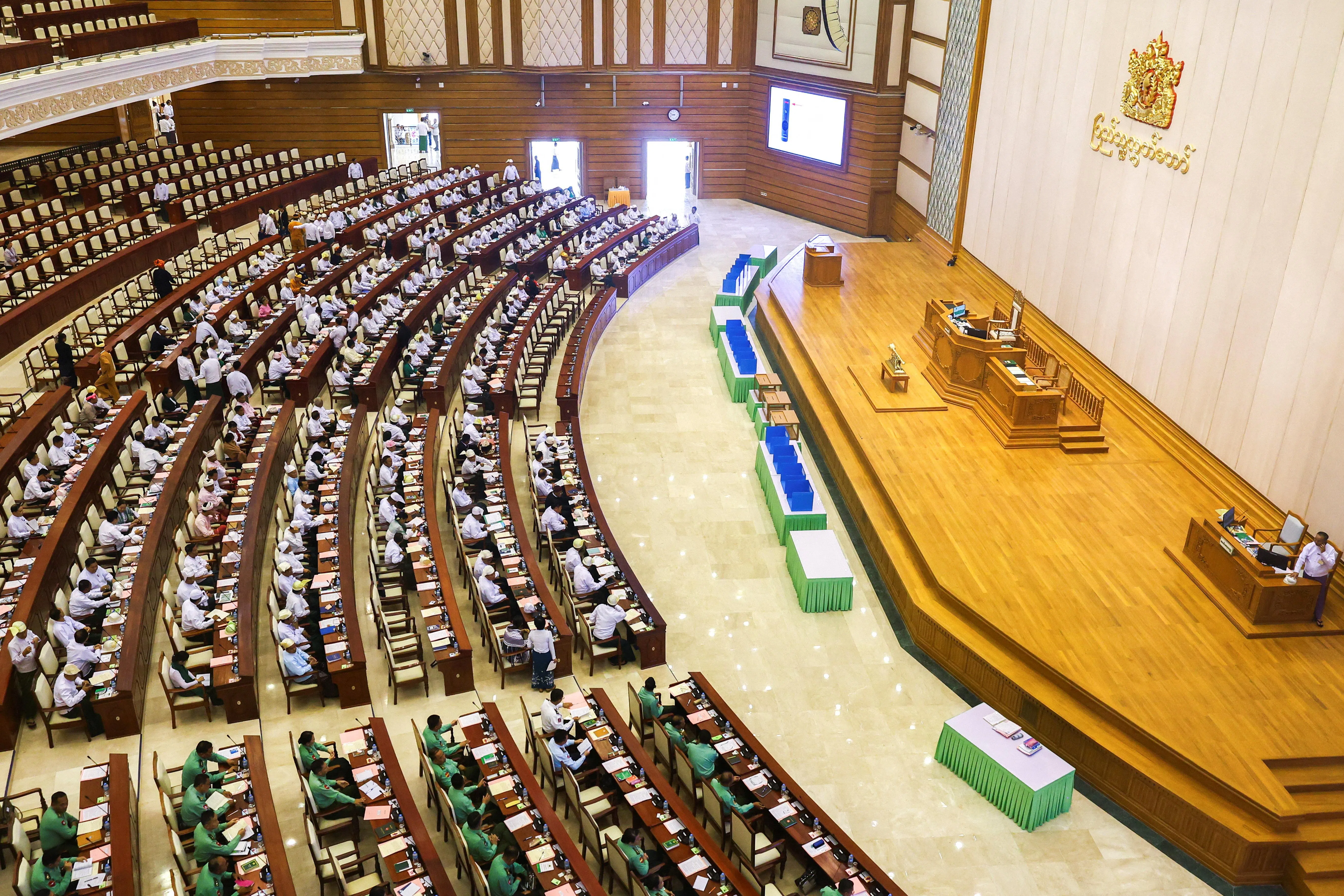 Members of Parliament and military-appointed lawmakers attend a session of the Pyithu Hluttaw (House of Representatives) following a phased election dominated by the army-backed Union Solidarity and Development Party, in Naypyitaw, Myanmar, March 16, 2026. REUTERS/Stringer