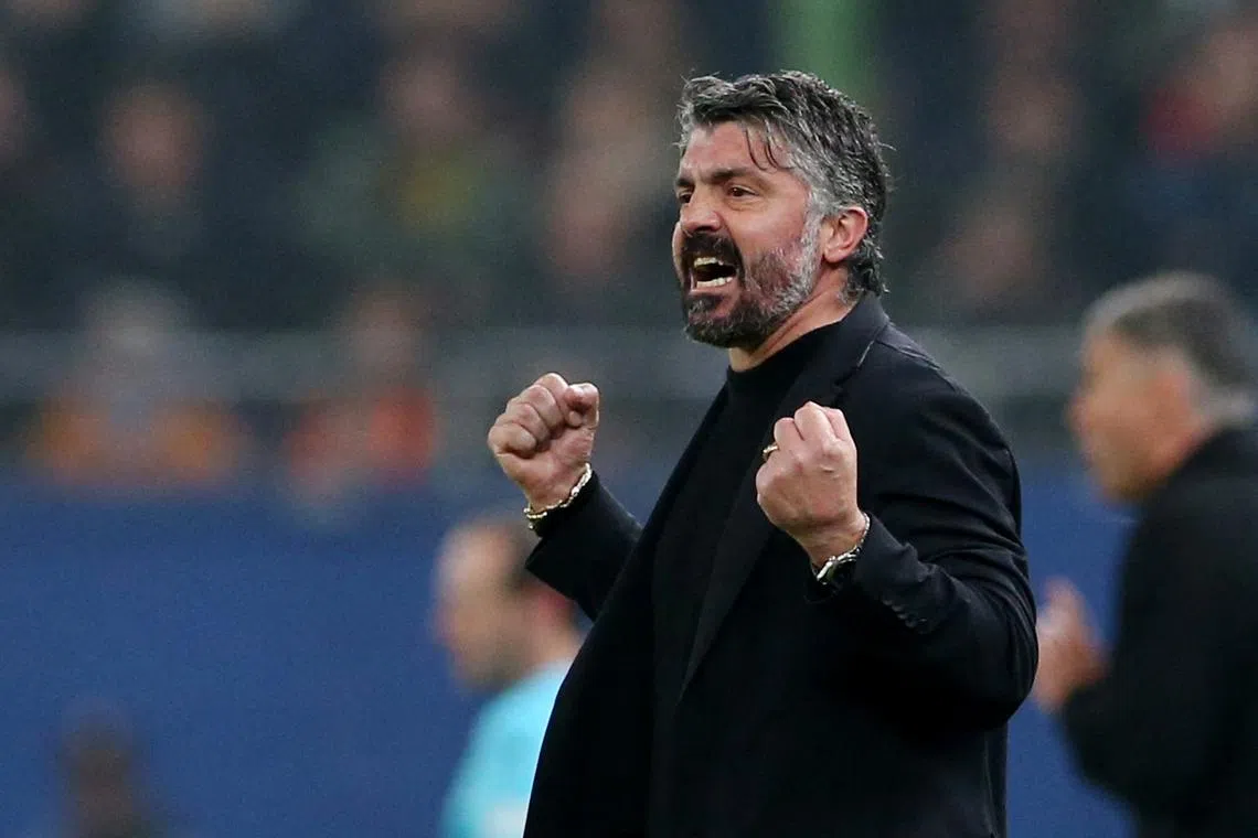 FILE PHOTO: Soccer Football - Europa League - Play-Off - First Leg - Shakhtar Donetsk v Olympique de Marseille - Volksparkstadion, Hamburg, Germany - February 15, 2024 Olympique de Marseille coach Gennaro Gattuso reacts REUTERS/Cathrin Mueller/File Photo