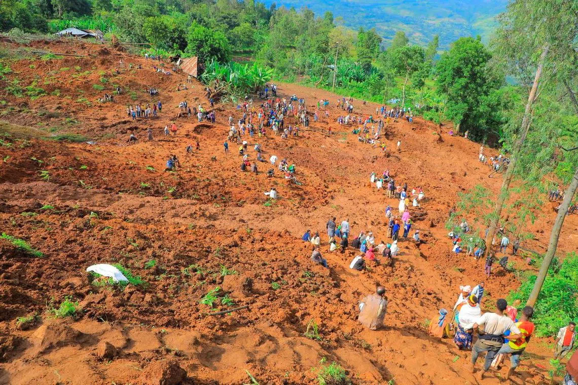 Residents dig to recover the dead bodies of victims of the landslide following heavy rains that buried people in Gofa zone, Southern Ethiopia July 23, 2024. Gofa Zone Government Communication Affairs Department/Handout via REUTERS/File Photo