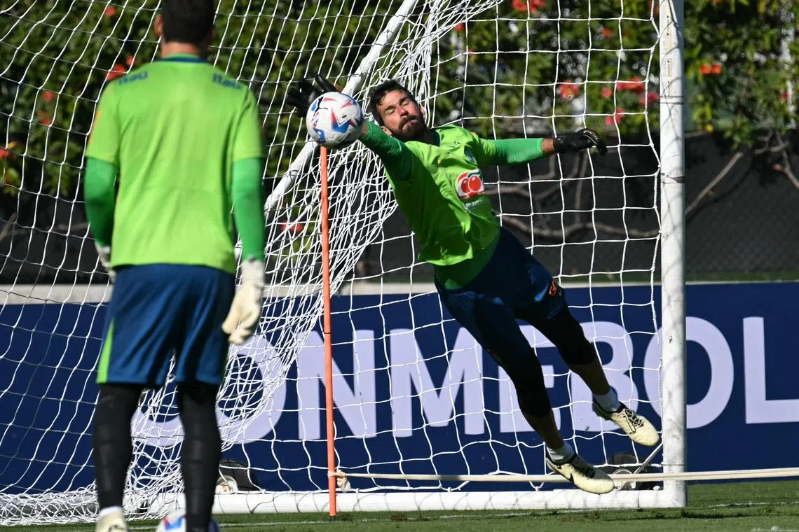 Brazil goalkeeper Alisson at training ahead of their Copa America Group D match against Costa Rica in Los Angeles on June 24, 2024.