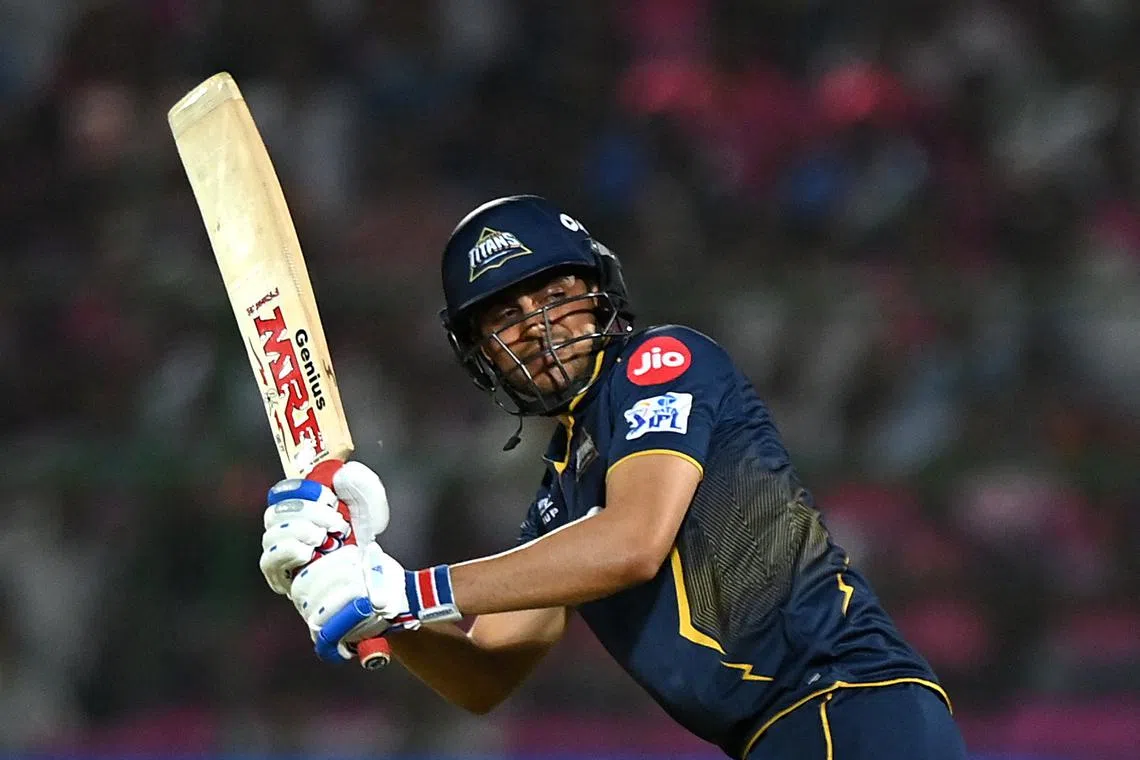 FILE PHOTO: Cricket - Indian Premier League - IPL - Rajasthan Royals v Gujarat Titans - Sawai Mansingh Stadium, Jaipur, India - April 28, 2025 Gujarat Titans' Shubman Gill in action REUTERS/Abhijit Addya/File Photo