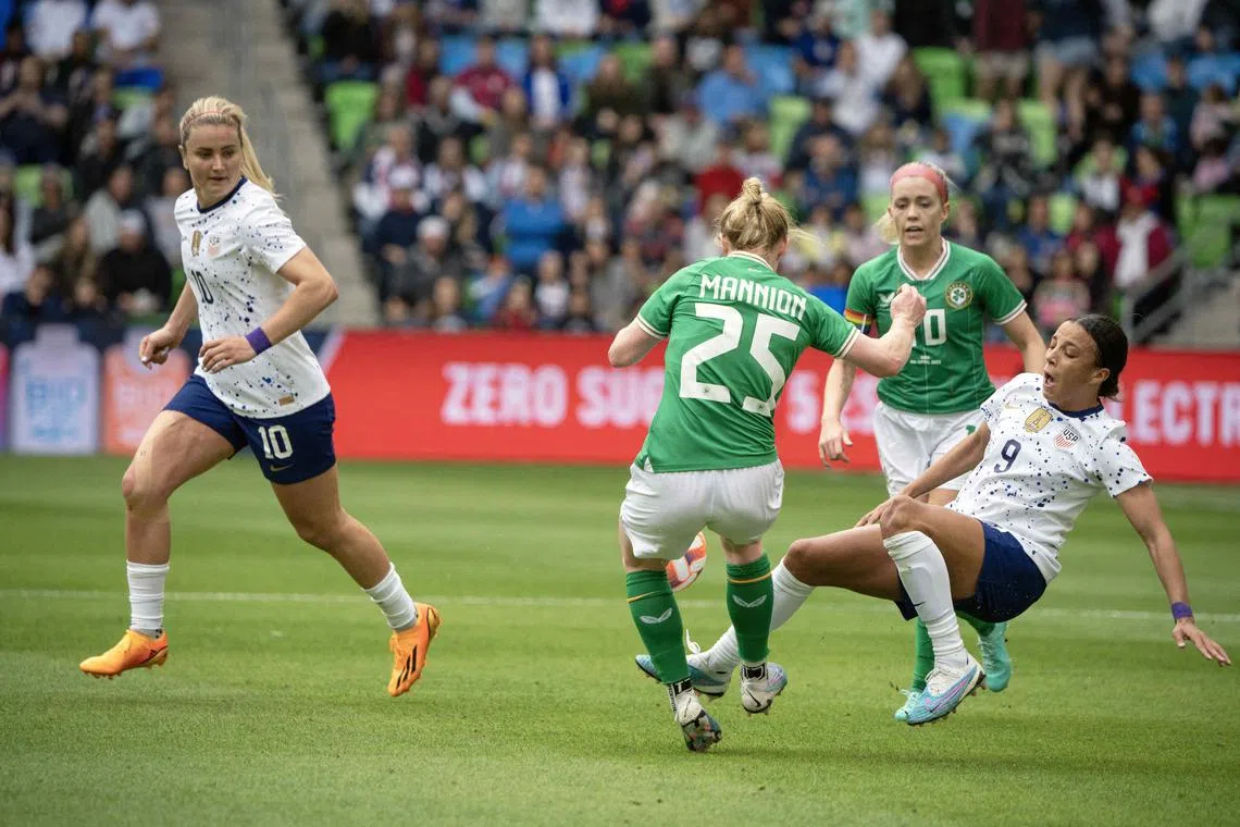 Apr 8, 2023; Austin, Texas, USA;  U.S. Women's National Team forward Mallory Swanson (9) falls against Republic of Ireland Women's National Team defender Aoife Mannion (25) in a play that resulted in a knee injury at Q2 Stadium. Mandatory Credit: Dustin Safranek-USA TODAY Sports