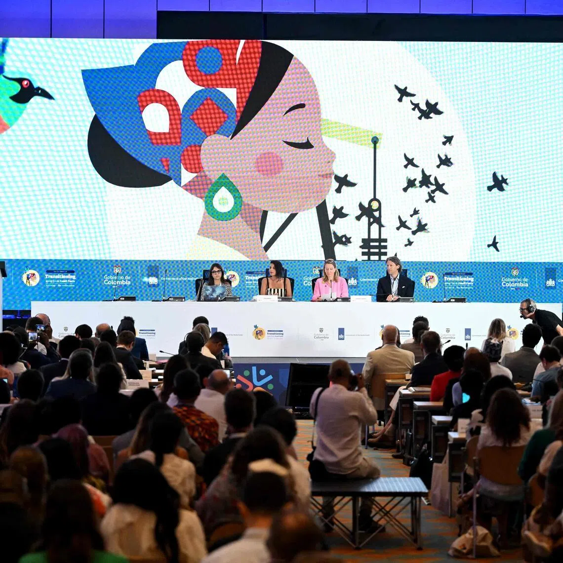 General view of a plenary session during the International Conference on the Just Transition Away from Fossil Fuels in Santa Marta, Colombia, on April 28, 2026.  PHOTO: AFP