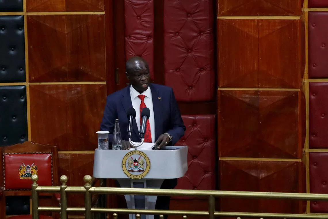 Kenya's Deputy President Rigathi Gachagua address legislators ahead of the lawmakers' vote over his impeachment motion at the Parliament buildings in Nairobi, Kenya October 8, 2024. REUTERS/Monicah Mwangi