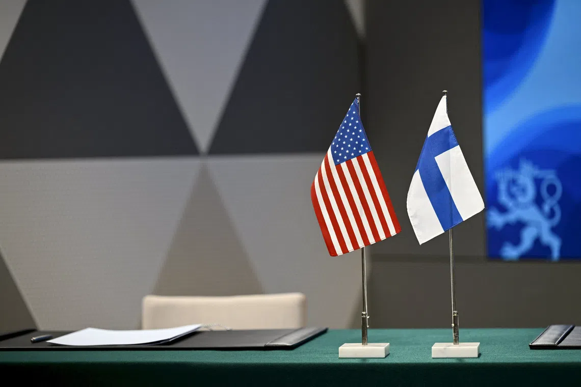 A view of flags of the U.S. and Finland before the U.S. Secretary of State Antony Blinken and Finnish Foreign Minister Pekka Haavisto sign a joint statement of Finland and the United States on cooperation in advanced wireless communications (6G) at the Ministry for Foreign Affairs in Helsinki, Finland, June 2, 2023. Lehtikuva/via REUTERS
