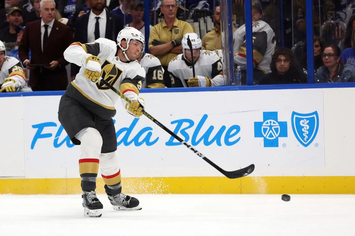 Oct 17, 2024; Tampa, Florida, USA; Vegas Golden Knights defenseman Brayden McNabb (3) passes the puck against the Tampa Bay Lightning during the second period at Amalie Arena. Mandatory Credit: Kim Klement Neitzel-Imagn Images/ File Photo