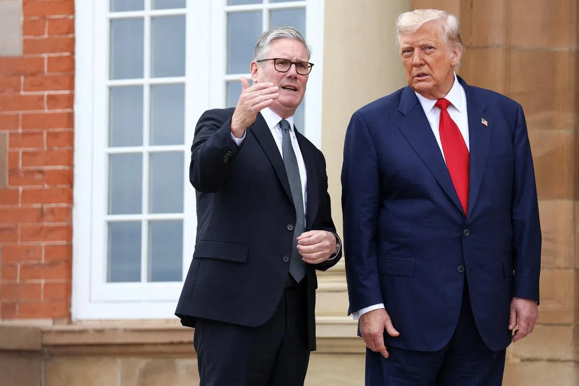 U.S. President Donald Trump meets with British Prime Minister Keir Starmer at Trump Turnberry golf course in Turnberry, Scotland, Britain, July 28, 2025. REUTERS/Evelyn Hockstein/File Photo