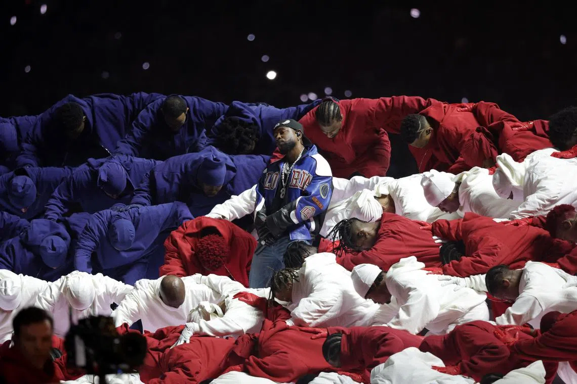 Kendrick Lamar performing at the Super Bowl LIX halftime show at Caesars Superdome, New Orleans, on Feb 9, 2025.
