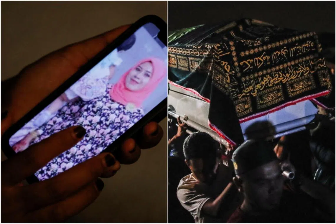 Family members carry the coffin of 31-year-old Nurul Azwani Kamarulzaman (left), one of the victims of the landslide.