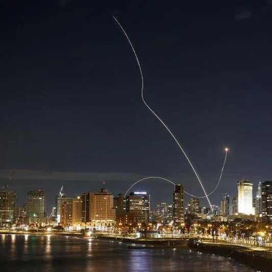 An interception attempt is made by Israel as missiles are launched from Iran in Tel Aviv, Israel, on March 1, 2026.