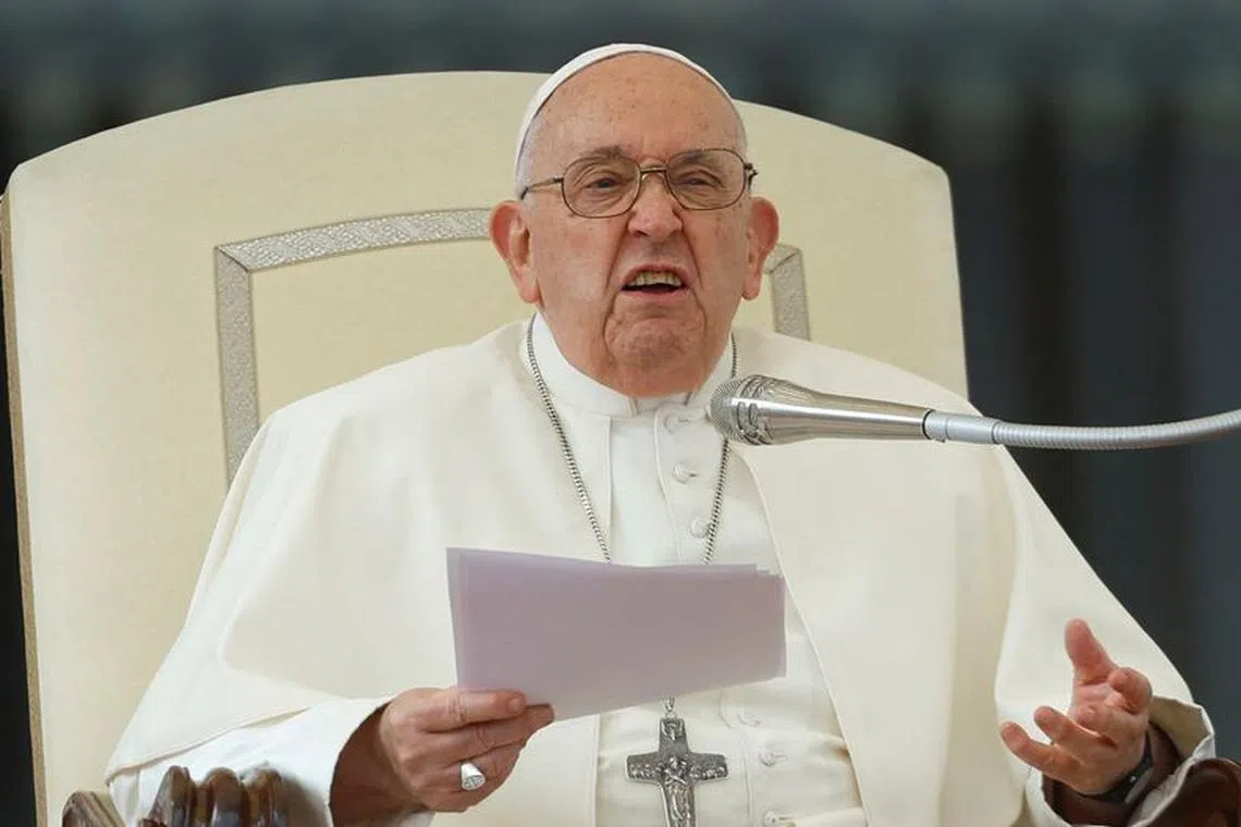 Pope Francis speaks during the weekly general audience, in Saint Peter's Square at the Vatican, November 15, 2023. REUTERS/Remo Casilli