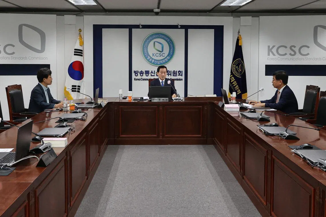 Chairperson of the Korea Communications Standards Commission (KCSC) Ryu Hee-Lim presides over an urgent meeting on digital sex crimes after media reported that sexually explicit deepfake images and videos of South Korean women were often found in Telegram chatrooms, in Seoul, South Korea, August 28, 2024. Yonhap/via REUTERS
