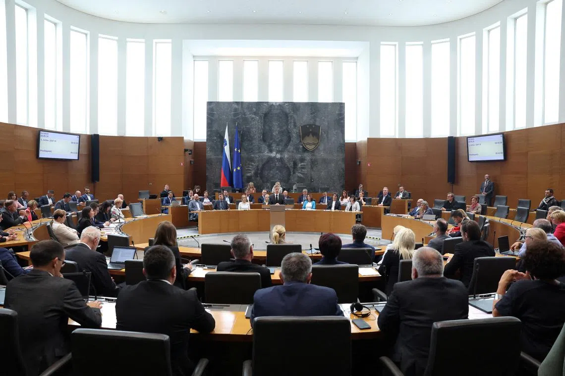 FILE PHOTO: Slovenian Prime Minister Robert Golob speaks as the parliament debates about the recognition of Palestine as an independent state, in Lubljana, Slovenia June 4, 2024. REUTERS/Borut Zivulovic/File Photo