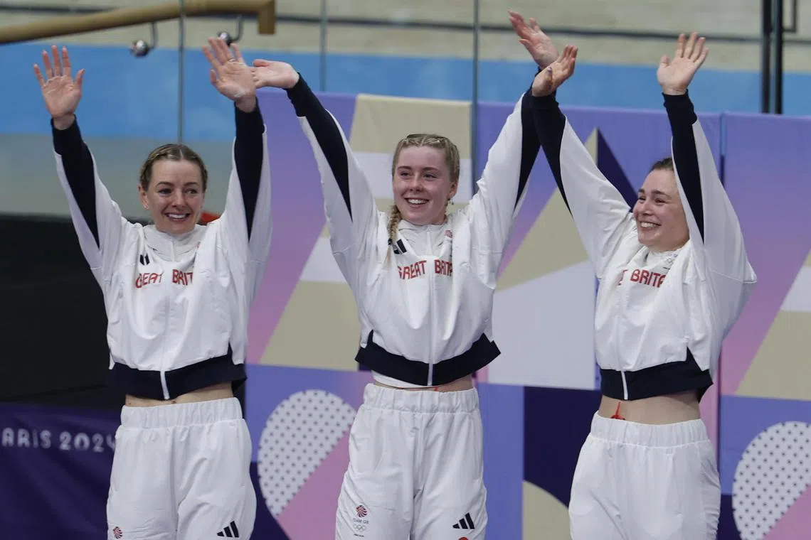 (From left) Katy Marchant, Emma Finucane and Sophie Capewell of Great Britain during the medal ceremony for the Women's Team Sprint of the Track Cycling events in the Paris 2024 Olympic Games, on Aug 5.