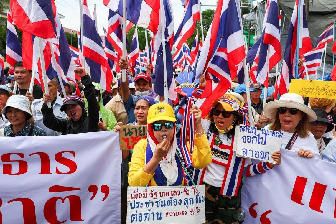 The protest, held in scorching tropical heat, drew mostly elderly demonstrators wearing yellow shirts – the colour strongly associated with Thailand’s monarchy.