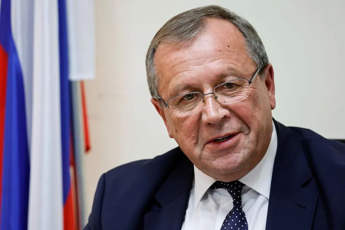 FILE PHOTO: The ambassador of Russia to Israel Anatoly Viktorov speaks at a news conference at the Russian Consulate in Tel Aviv, Israel, March 3, 2022. REUTERS/Amir Cohen