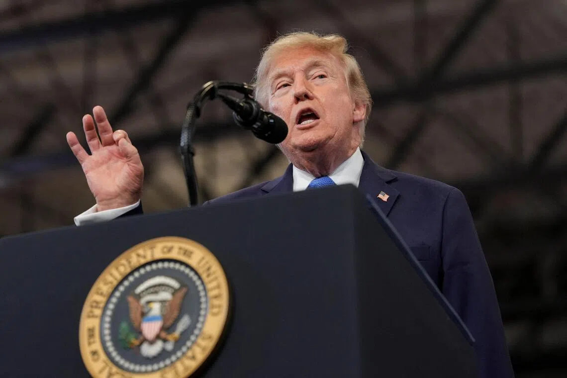 US President Donald Trump delivering remarks in Garden City, New York, on Aug 14.