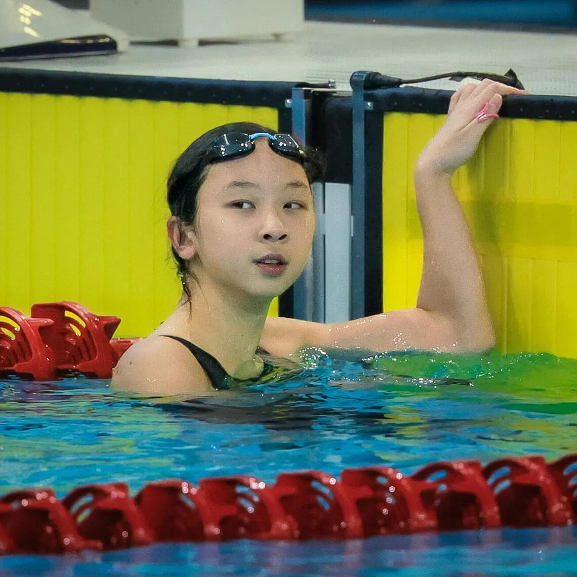 Swimming Women's 100m Backstroke; 
Singapore Julia Yeo Shu Ning (lane 1); 
Singapore Levenia Sim Entong (lane 4); at the Sports Authority of Thailand Swimming Pool during the SEA Games in Bangkok on Dec 13, 2025.
