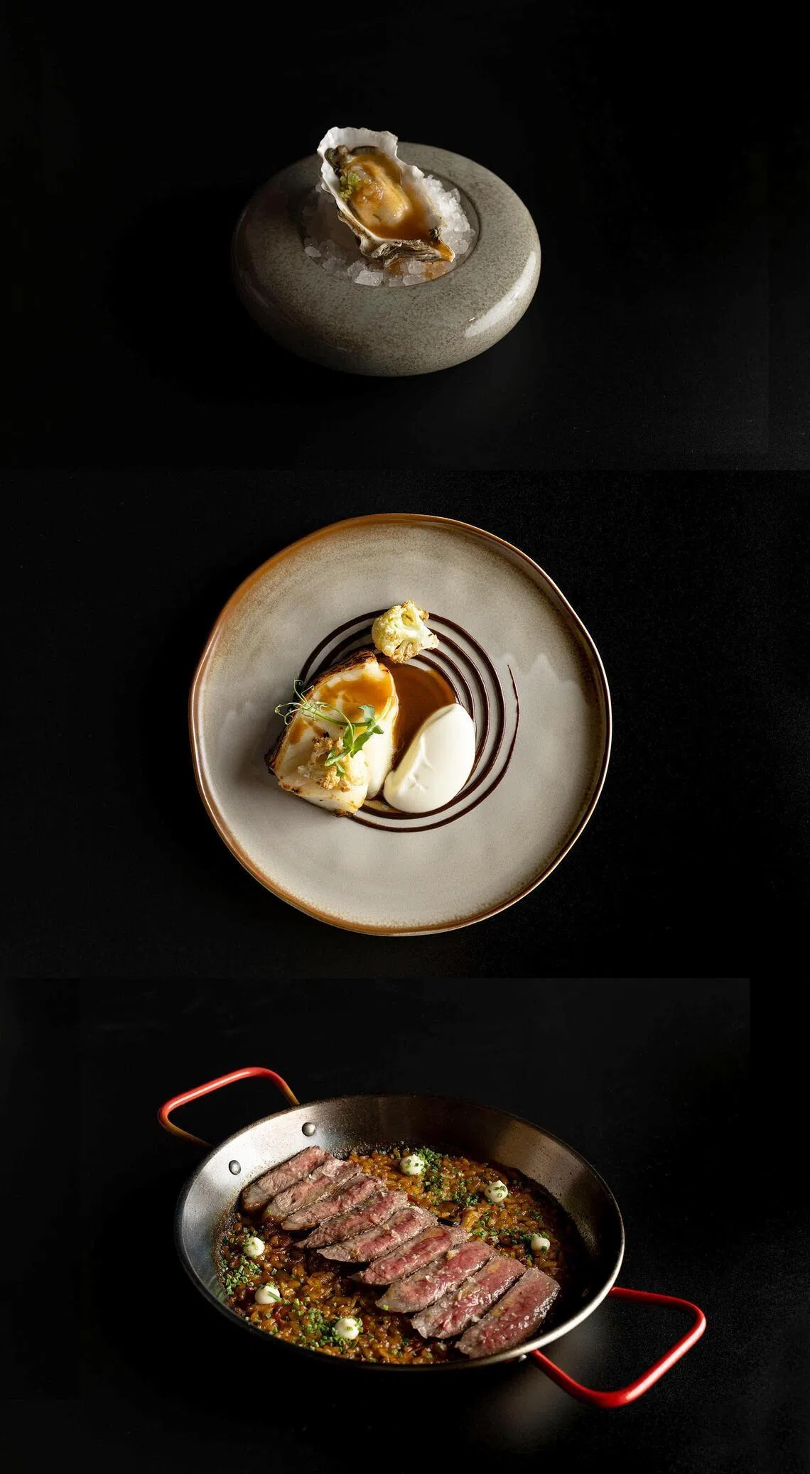 Among the offerings in Humo’s Sol Nami omakase are (from top): Fresh Oyster With Sparkling Wine, Black Cod with black garlic and cauliflower miso, and Wagyu Beef Paella.
