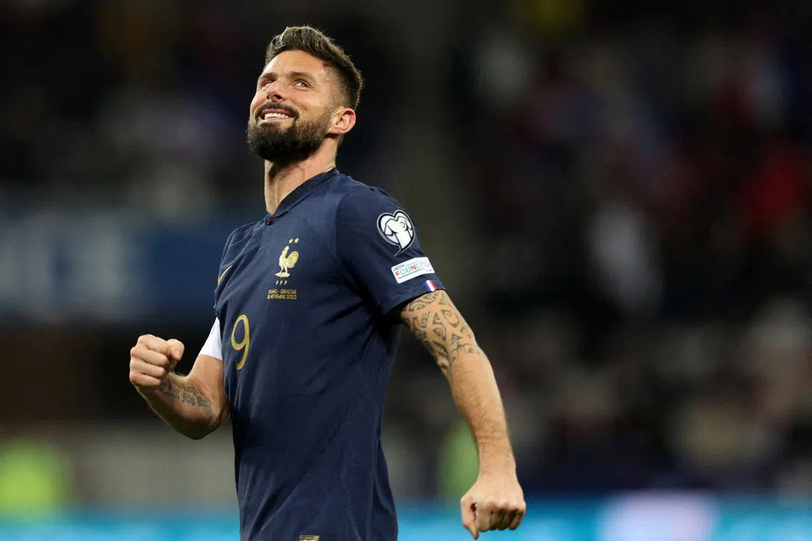 FILE PHOTO: Soccer Football - Euro 2024 Qualifier - Group B - France v Gibraltar - Allianz Riviera, Nice, France - November 18, 2023 France's Olivier Giroud celebrates scoring their thirteenth goal REUTERS/Claudia Greco/File Photo