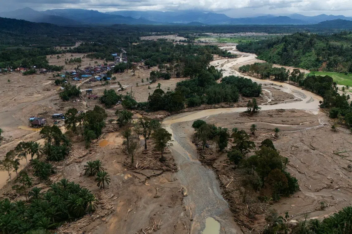 A drone view shows devastated area following deadly flash flood in Batang Toru, South Tapanuli, North Sumatra province, Indonesia, December 7, 2025. REUTERS/Willy Kurniawan