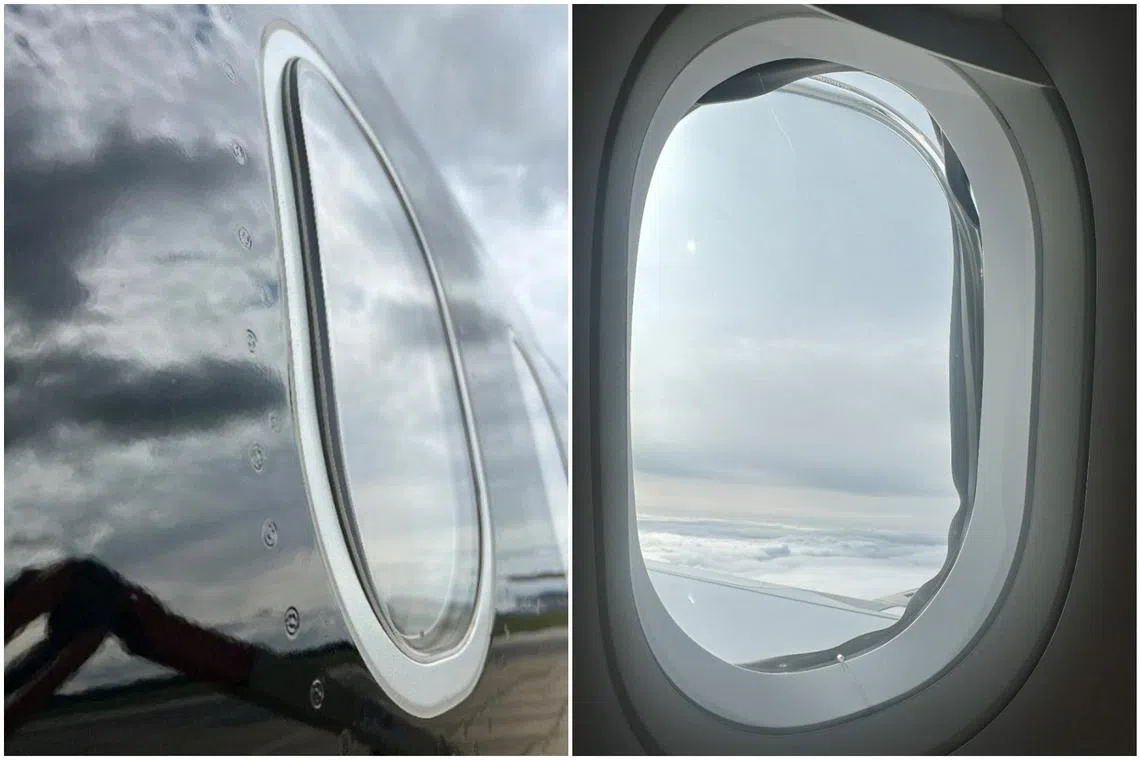 A protuding window on the left side of the aircraft (left) and the dislodged seal of a window on the Titan Airways Flight AWC305Y.