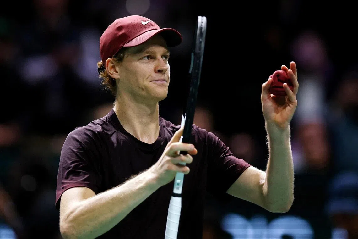 Italy's Jannik Sinner celebrates winning his quarter-final match against Ben Shelton of the US.