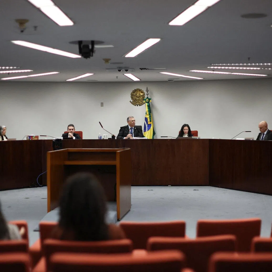 Brazil's Supreme Court Justice Alexandre de Moraes attends a session during the trial of Brazilian former lawmaker Eduardo Bolsonaro, accused of coercion in the course of legal proceedings related to his international actions targeting the case that led to the conviction of his father, former Brazilian President Jair Bolsonaro, at the Supreme Court in Brasilia, Brazil, June 16, 2026. REUTERS/Adriano Machado