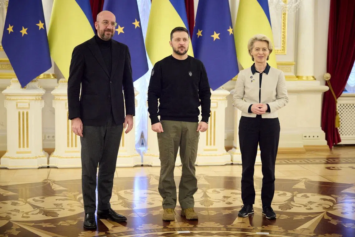Ukraine's President Volodymyr Zelensky (centre) with European Commission chief Ursula von der Leyen and European Council President Charles Michel at an EU summit in February 2023.