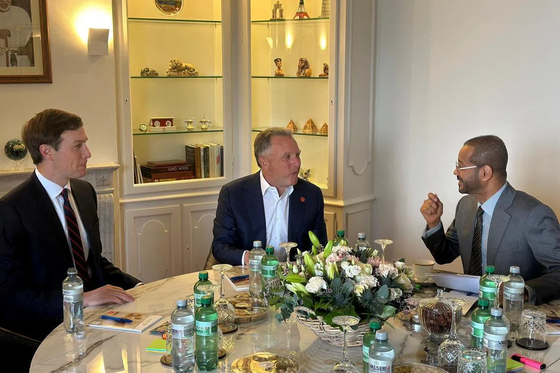 Oman's Foreign Minister Sayyid Badr bin Hamad Al Busaidi meets with U.S. Special Envoy Steve Witkoff and U.S. President Donald Trump's son-in-law, Jared Kushner ahead of the indirect U.S.-Iran talks, in Geneva, Switzerland, February 17, 2026. Oman’s Ministry Of Foreign Affairs/Handout via REUTERS